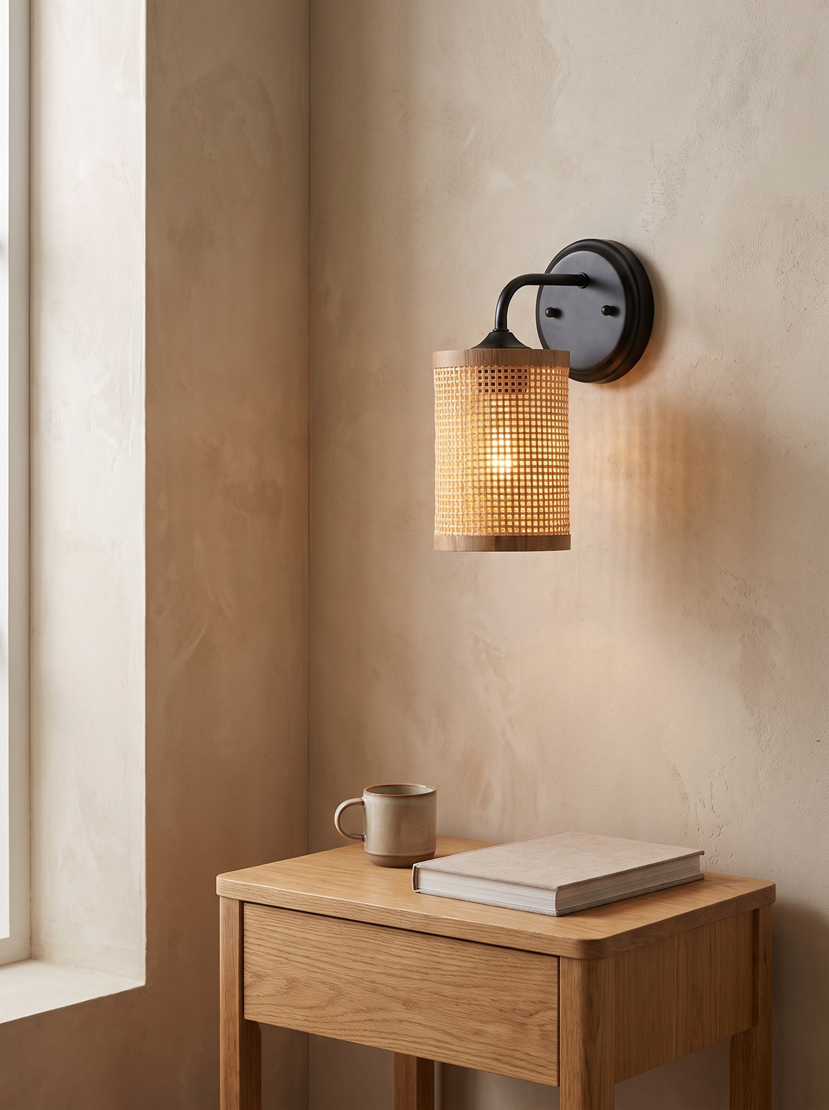 Reef Rattan Wall Sconce in a home setting — see the weave in daylight