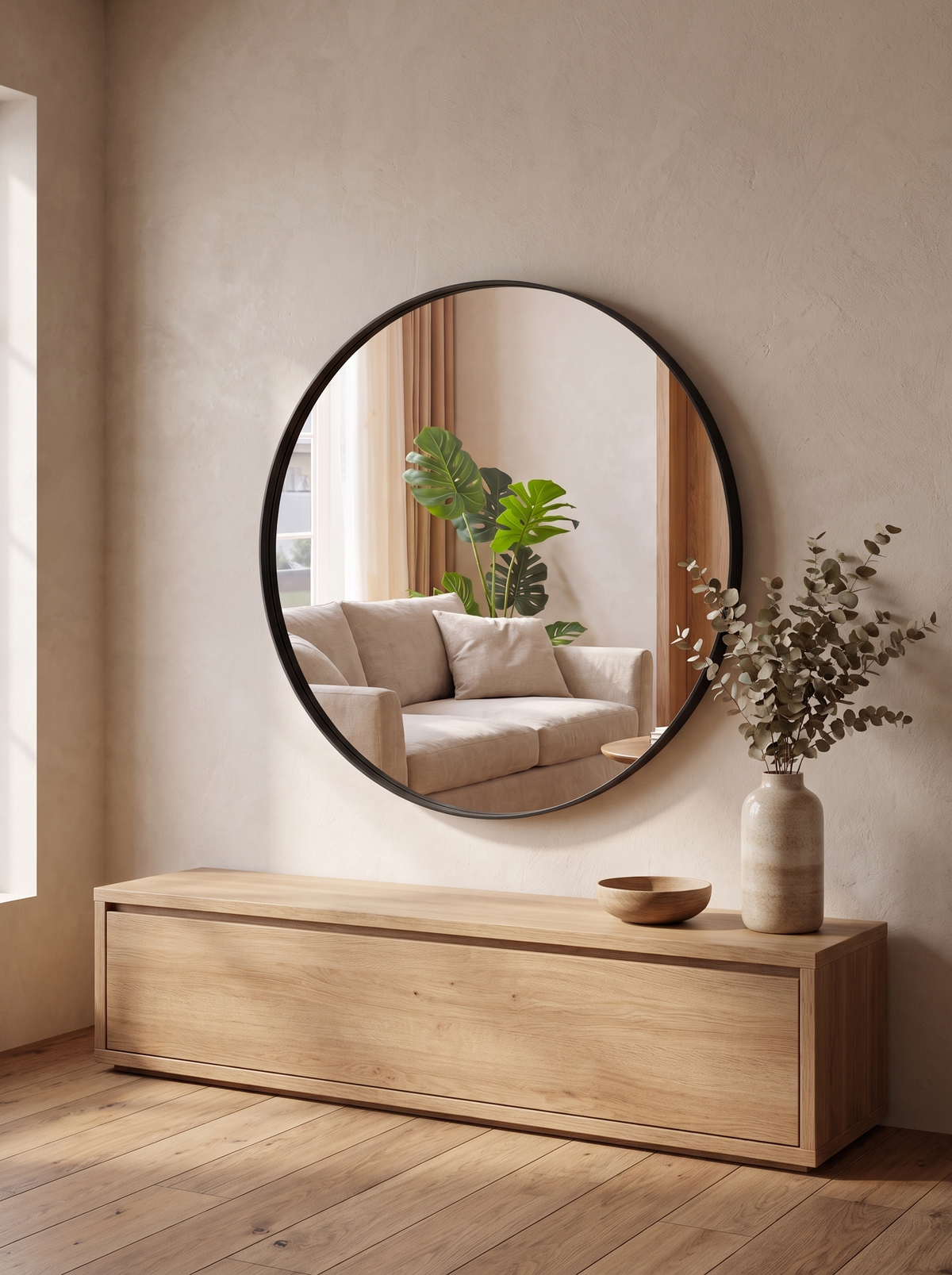 Round Black Metal Mirror — 24 Inch in a home setting — a round shape to soften the wall