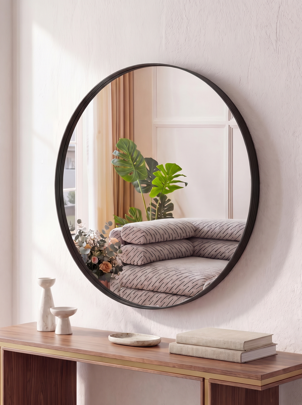 Round Black Metal Mirror — 24 Inch in a home setting — just enough dark contrast