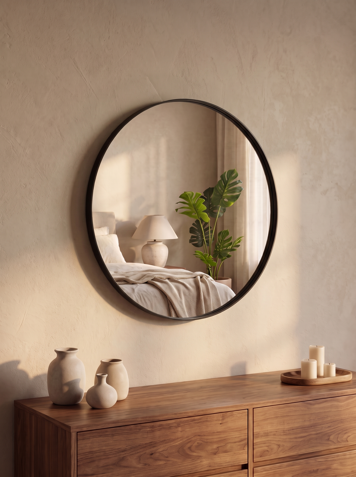 Round Black Metal Mirror — 24 Inch in a home setting — measure the real diameter