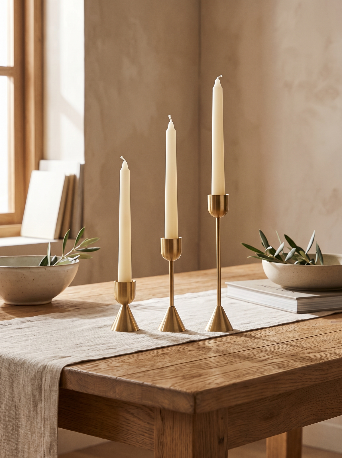 Sculpted Metal Candle Holders — Set of 3 in a home setting — three heights, one arrangement