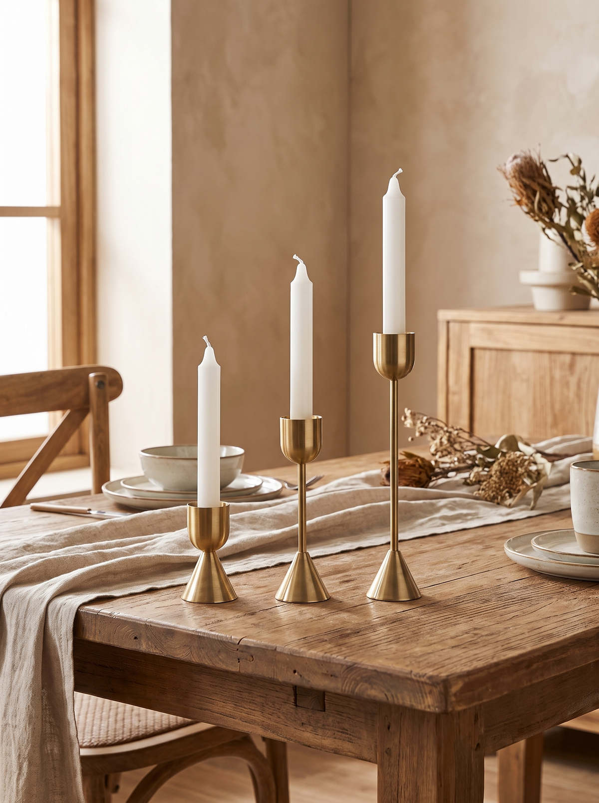 Sculpted Metal Candle Holders — Set of 3 in a home setting — a warm metallic note