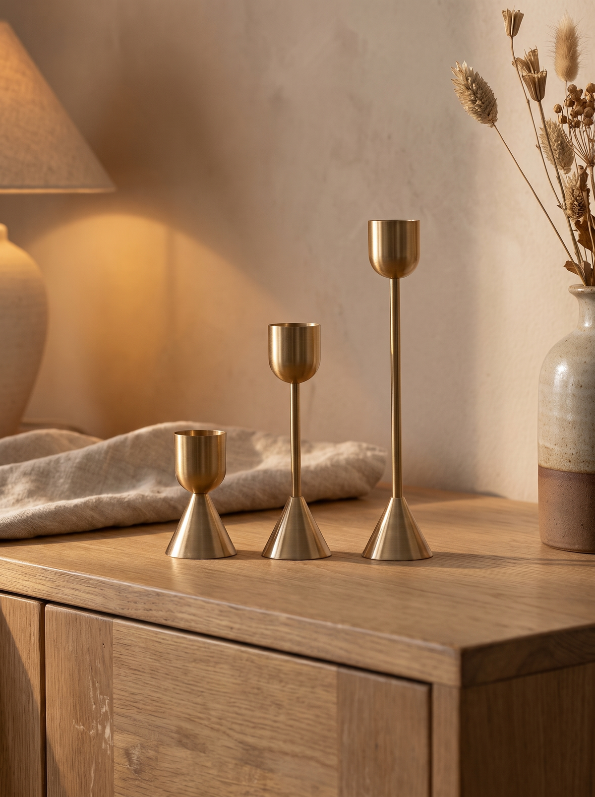 Sculpted Metal Candle Holders — Set of 3 in a home setting — small holders, clear proportions