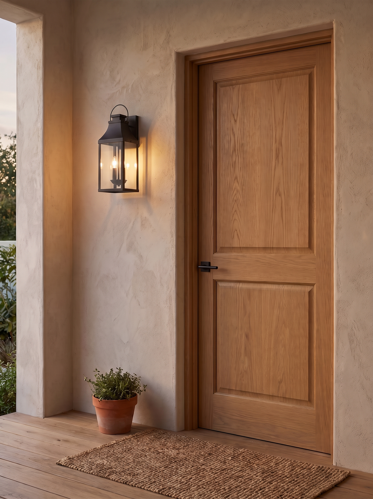 Tall Black Porch Lantern — 20 Inch in a home setting — a defined shape beside the door