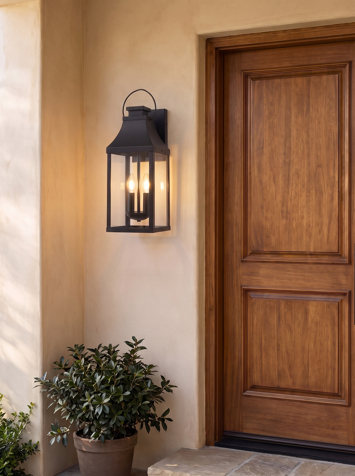 Tall Black Porch Lantern — 20 Inch in a home setting — glass that keeps the frame light