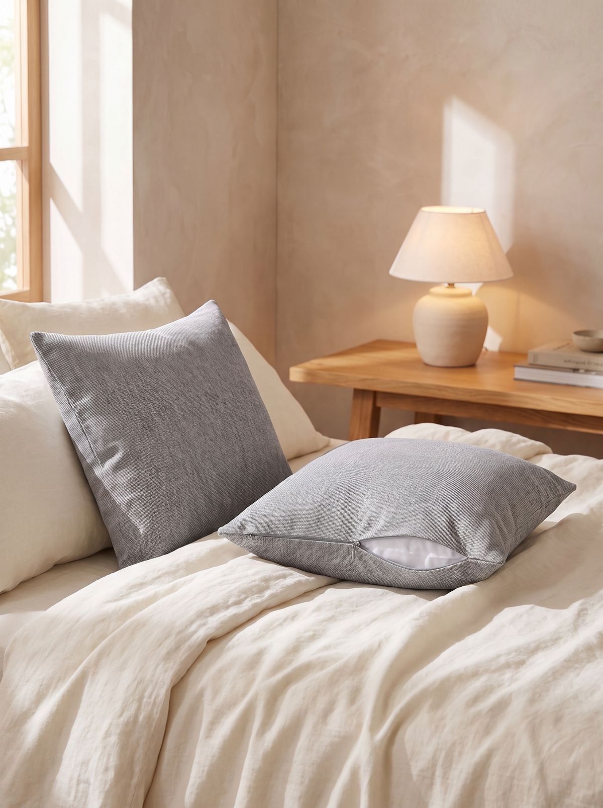 Textured Linen-Look Cushion Covers — Set of 2 styled in a home setting — a calmer bedroom palette