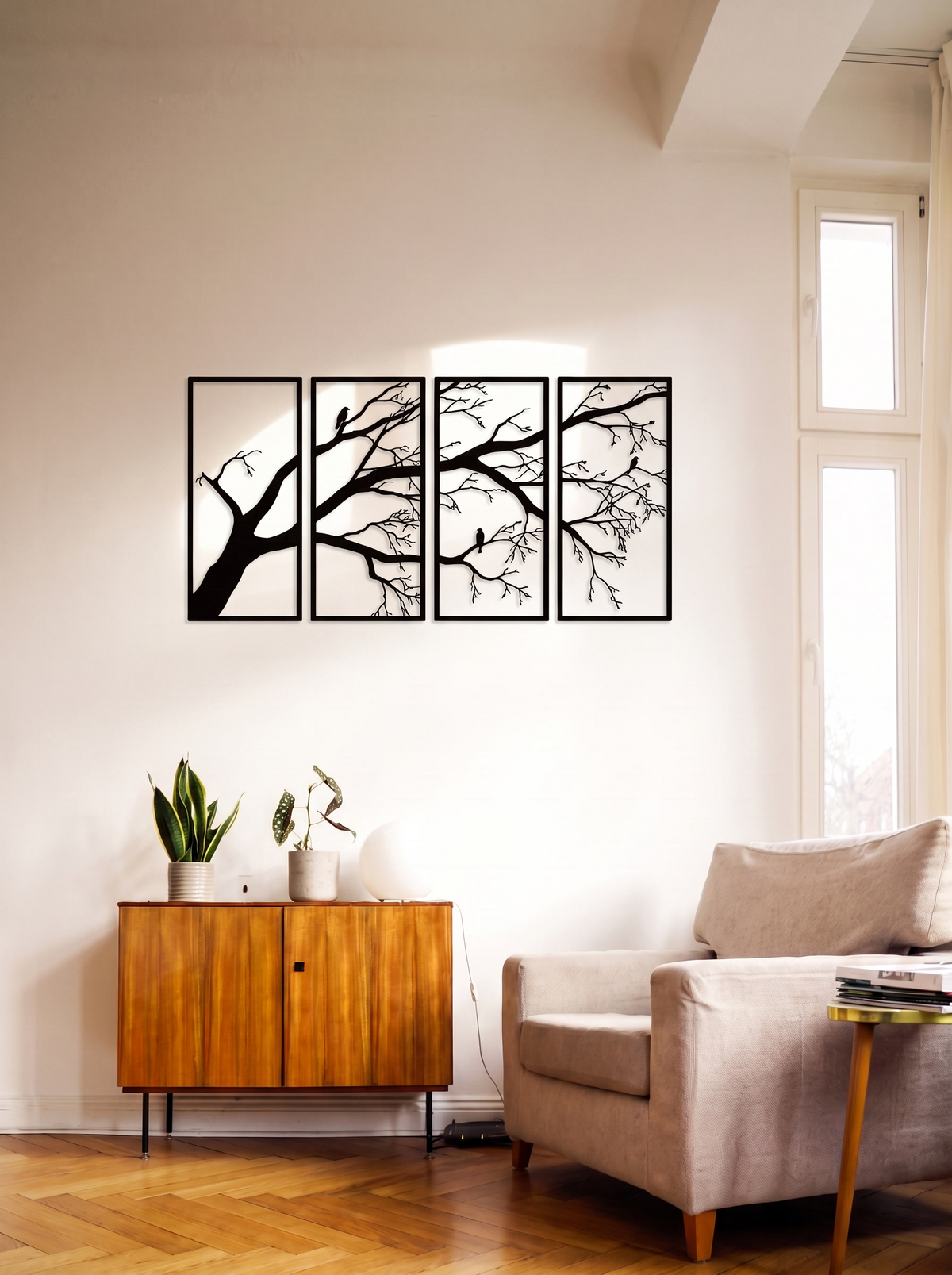 Tree of Life Metal Wall Art — Four Panels in a home setting — a tree across the wall