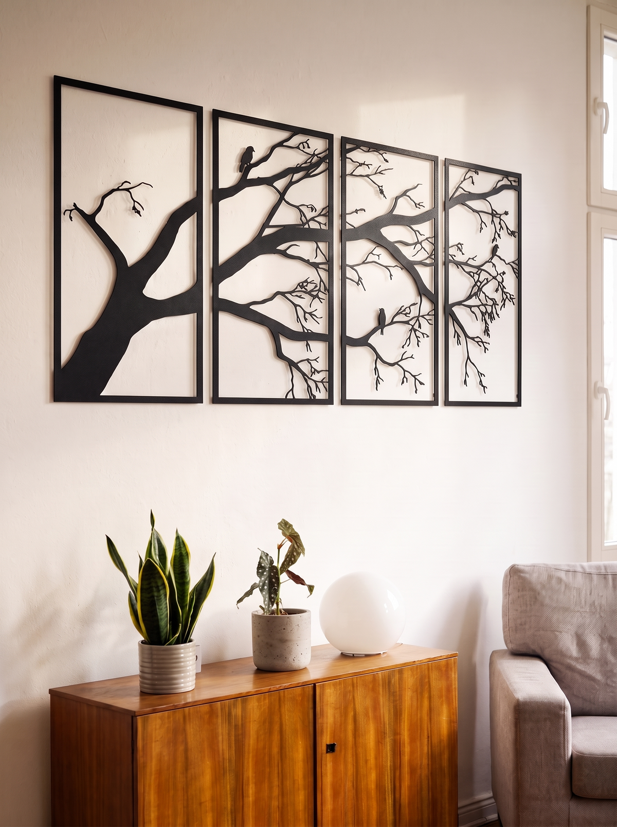 Tree of Life Metal Wall Art — Four Panels in a home setting — graphic without a solid block