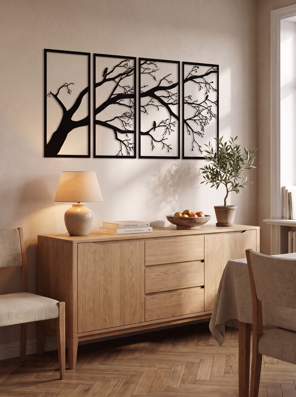 Tree of Life Metal Wall Art — Four Panels in a home setting — set the spacing for your room