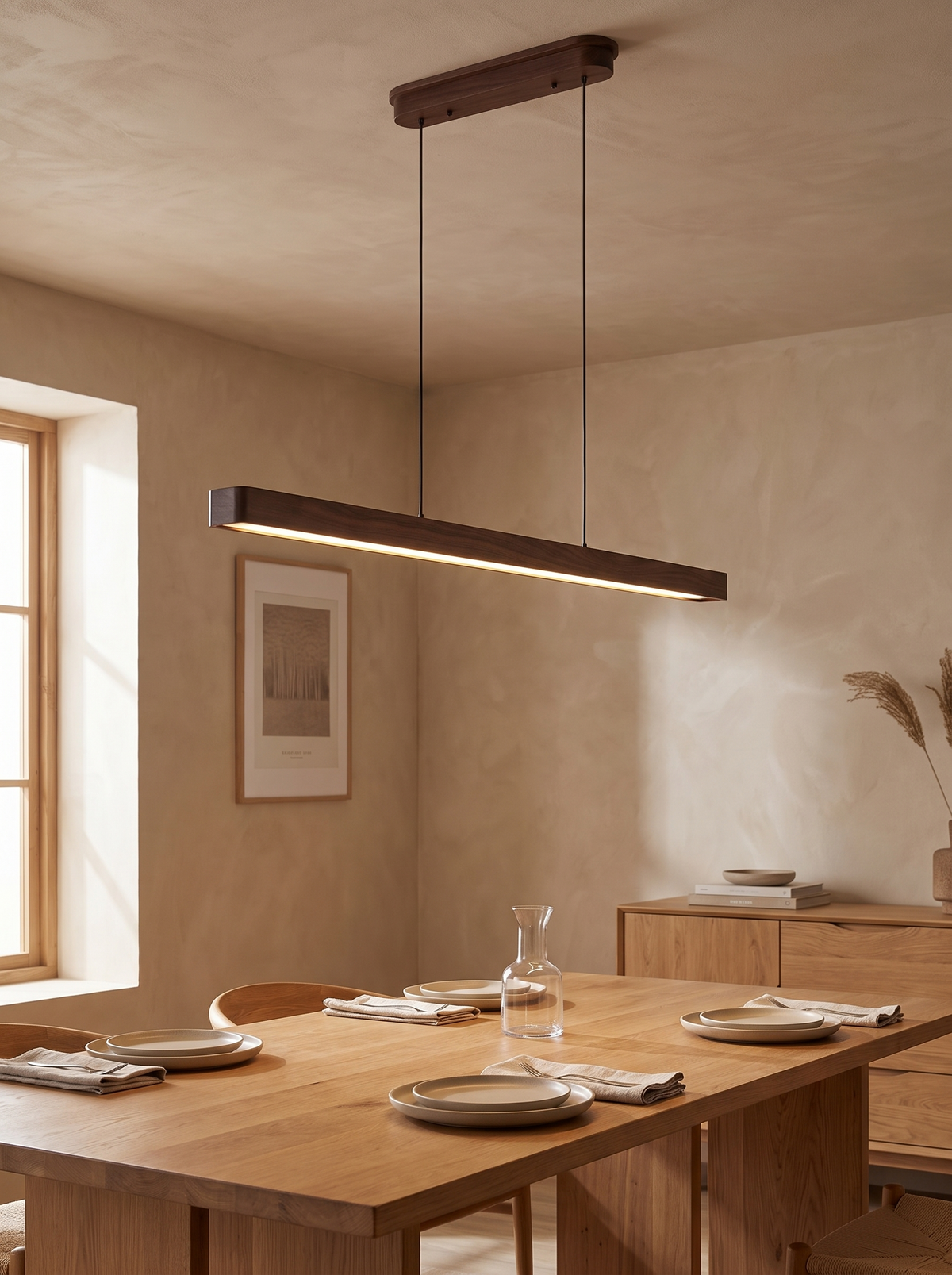 Walnut Linear LED Pendant — 51 Inch in a home setting — one clean line of light
