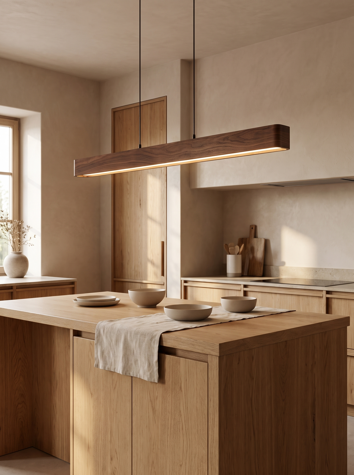 Walnut Linear LED Pendant — 51 Inch in a home setting — light for dinner and everything after