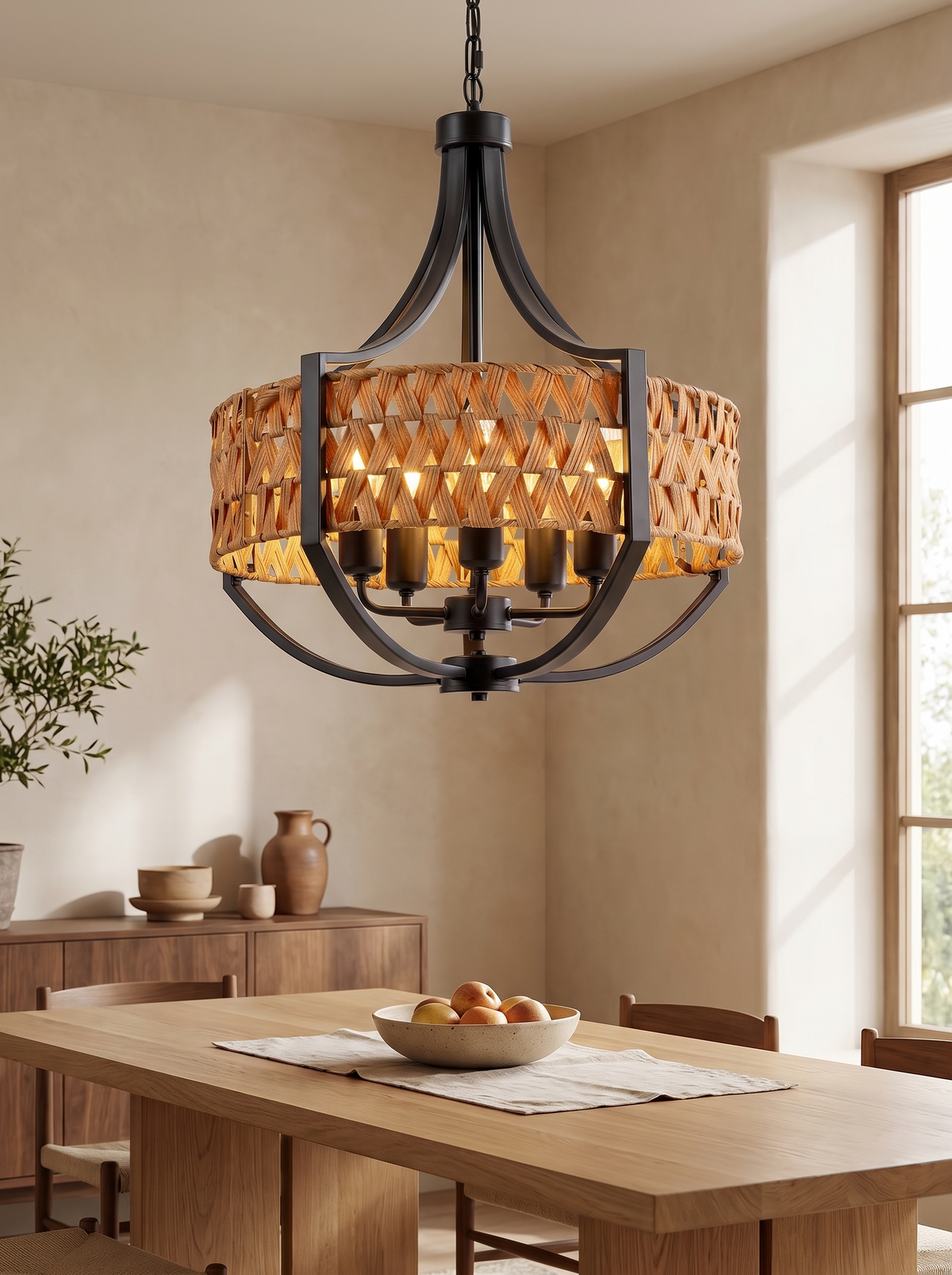 Woven Reed Five-Light Chandelier in a home setting — texture over the table