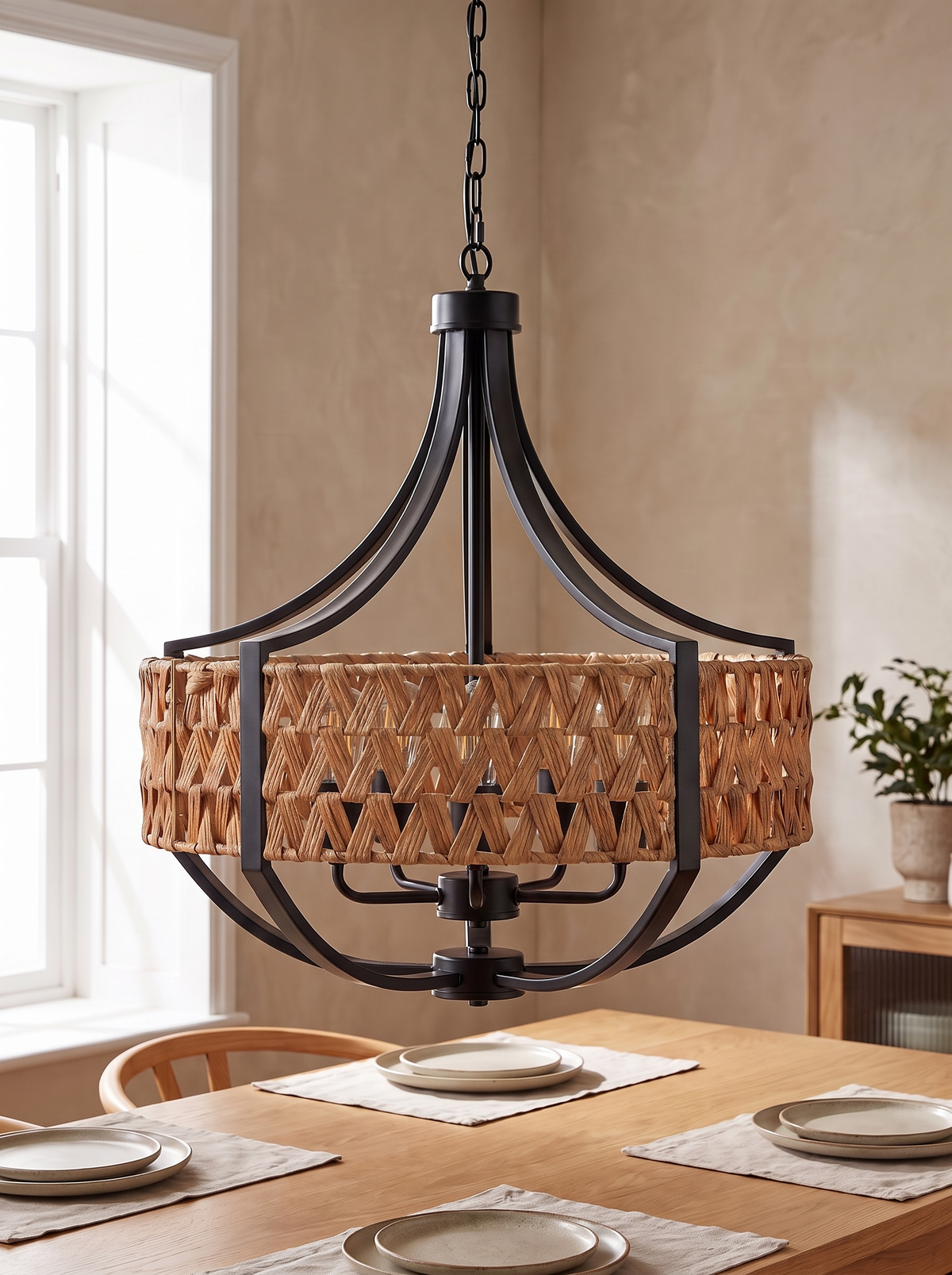 Woven Reed Five-Light Chandelier in a home setting — a softer edge to black iron