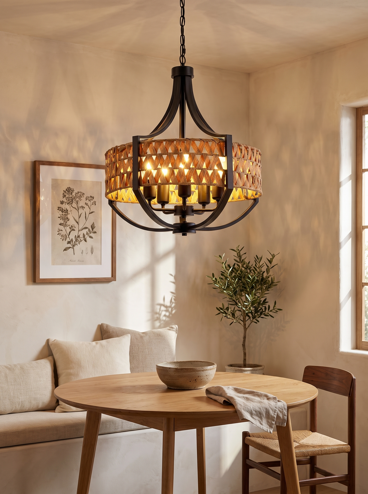 Woven Reed Five-Light Chandelier in a home setting — make space for the whole shape